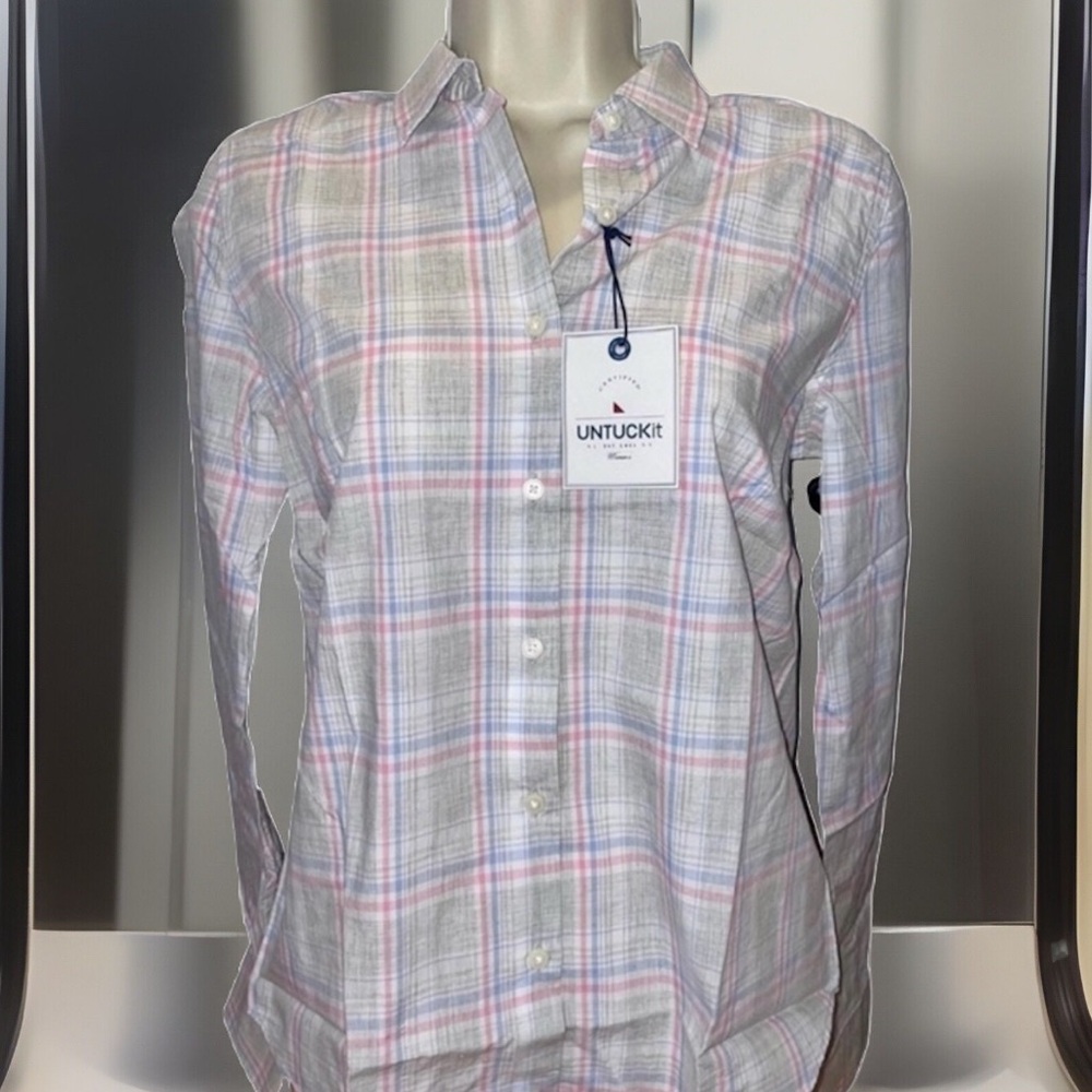 UNTUCKit Button Down Grey & Pink Plaid Long Sleeve “Chasseles” Shirt 💯 Cotton